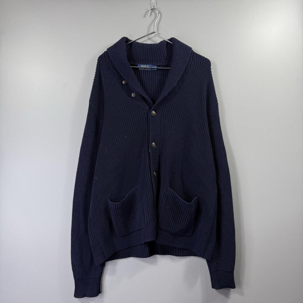 Polo Ralph Lauren Cardigan Sweater Mens XL Navy Shawl Collar Knit Pockets
